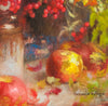 Detail of oil painting of still life with red berries and apples beside a vase with blue floral cloth 