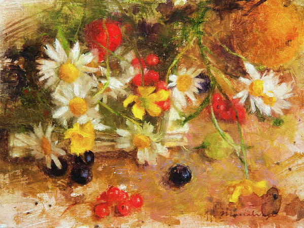 Delightful Summer Flowers And Berries Still Life original oil painting (unframed)