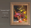 Framed original oil painting realistic still life of red yellow orange leaves arranged in a vase painted by Toronto artist Maria Waye