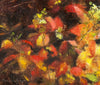 Impasto strokes to add texture on the leaves, fiery red, orange, yellow, gold, green colors glow in this still life oil painting. The artist has chosen the dark background to help create a romantic atmosphere in this painting. 
