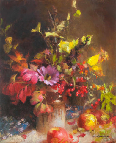 Still life oil painting original art of red autumn berries, apples, leaves, foliage arrangement in a vase.