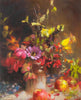 Still life oil painting original art of red autumn berries, apples, leaves, foliage arrangement in a vase.