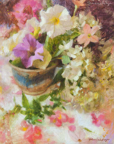 Original fine art oil painting. Floral fine art, flower painting by Maria Waye, artist in Toronto Canada. You'll delight in this gathering of the most delicate and prettiest flowers from a summer garden: petunias, nicotiana, hydrangeas and snapdragons. Romantic, pretty, impressionist painting for art and nature lovers. Inspired by summer flowers and gardens.