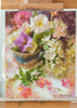 On the easel. I love every step of the creative process. I like making different marks and exploring the possibilities of painting techniques and themes. Original fine art oil painting. Floral fine art, flower painting by Maria Waye, artist in Toronto Canada. You'll delight in this gathering of the most delicate and prettiest flowers from a summer garden: petunias, nicotiana, hydrangeas and snapdragons. Romantic, pretty, impressionist painting for art and nature lovers. Inspired by summer flowers and garden