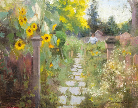 Parkview Neighbourhood Garden oil painting by Toronto artist Maria Waye. A lady is in the garden tending to the vegetables. The glowing early morning light shines on the sunflowers. All the plants are thriving. The atmosphere is peaceful. The colors are happy and vibrant. There's a path leading down to patches growing different kinds of vegetables. and herbs. There are cosmos flowers in the distance. 
