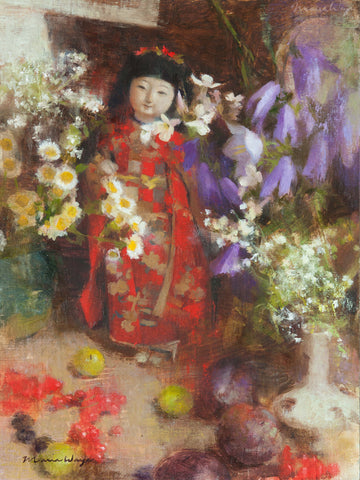 Fine art original Japanese doll still life oil painting by artist Maria Waye You get a one-of-a-kind, original work of art. Oil on linen 9x12 Toronto Canada. You're the only person who owns this unique treasure, and that is a special feeling. If you're passionate about art, then owning an original piece is a way to express who you are. You'll feel good to own art that resonates with you.