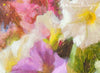 Detail of painting. You can see the paint texture and brushwork. Original fine art oil painting. Floral fine art, flower painting by Maria Waye, artist in Toronto Canada. You'll delight in this gathering of the most delicate and prettiest flowers from a summer garden: petunias, nicotiana, hydrangeas and snapdragons. Romantic, pretty, impressionist painting for art and nature lovers. Inspired by summer flowers and gardens.