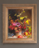 Framed oil painting of still life with red autumn leaves in a vase with red berries and apples 
