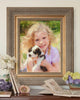 Your custom portrait oil painting looks fancy framed in an gold frame.