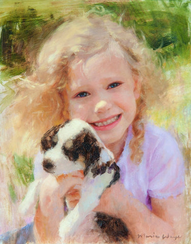 Girl with puppy, children's portrait painted from your photos by Toronto portrait painter Maria Waye
