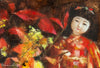Close up of fine art oil painting still life by artist Maria Waye in Toronto Canada, red is the main color. Serene, romantic composition. Evocative atmosphere, full of memories. Romantic charming delicate details. Painterly brushstrokes. You'll love the fine texture created by the Belgian linen. 