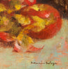 Close up detail of the painterly brushstrokes on the apple. Fine art oil painting by Maria Waye, Toronto, Canada. You'll love the quiet serene mood in the still lifes and florals. Perfect gift for nature lovers and gardeners. Signed on the front by the artist, this original oil painting is truly one of a kind.