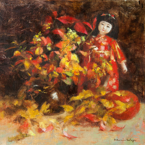 Red Still Life Oil Painting. Japanese doll arranged with autumn leaves, harvest apple and brown jug vase. Romantic rustic mood, elegant fine art for nature lovers. Maria Waye's art is full of passion and joy. She loves to paint flowers and nature. Here's a still life oil painting that's perfect for your home. Quiet contemplative quality. Rustic elegance. French country decor.