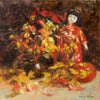Red Still Life Oil Painting. Japanese doll arranged with autumn leaves, harvest apple and brown jug vase. Romantic rustic mood, elegant fine art for nature lovers. Maria Waye's art is full of passion and joy. She loves to paint flowers and nature. Here's a still life oil painting that's perfect for your home. Quiet contemplative quality. Rustic elegance. French country decor.