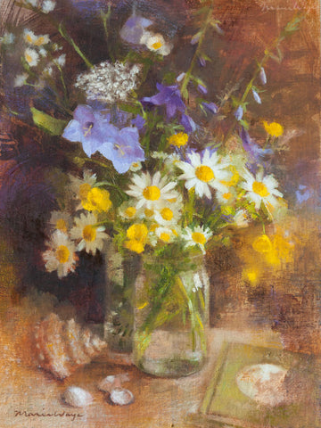 Maria Waye's art is full of passion and joy. She loves to paint flowers and nature. Here's a still life oil painting that's perfect for your home. Quiet contemplative quality. Rustic elegance. French country decor.
